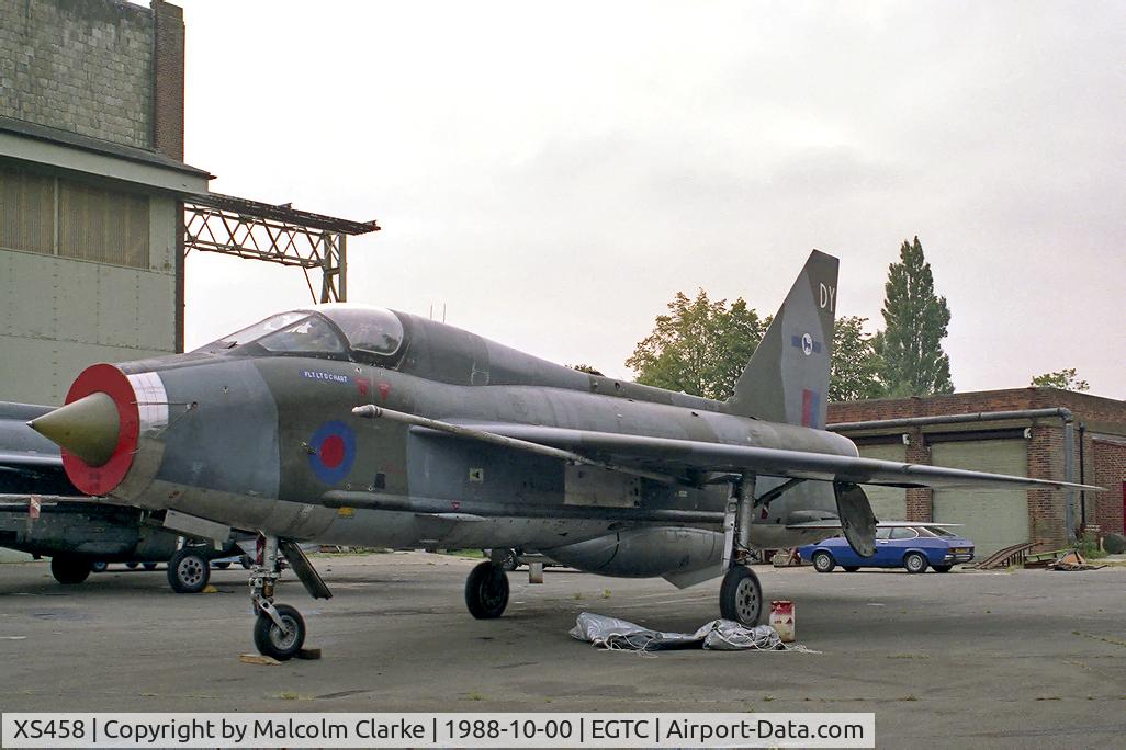 XS458, 1965 English Electric Lightning T.5 C/N 95018, English Electric Lightning T5 at Cranfield Airport in 1988.