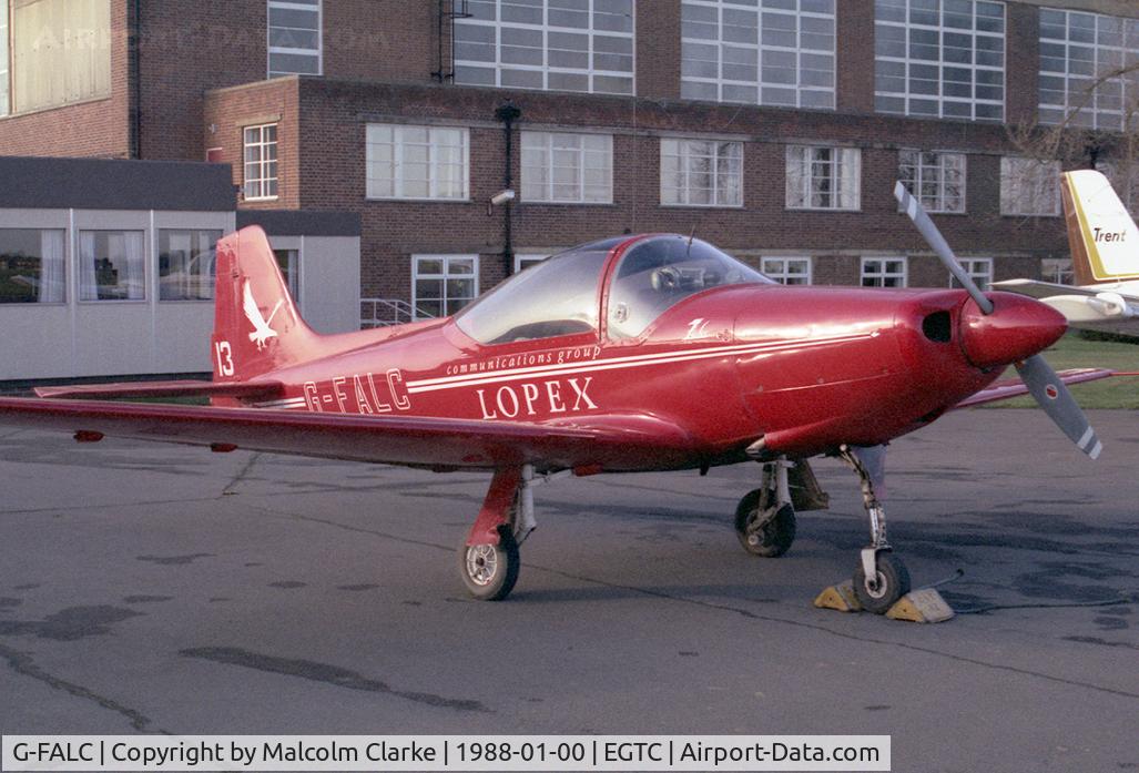 G-FALC, 1961 Aviamilano F-8L Falco Series 3 C/N 224, Aeromere F-8L Falco 3 at Cranfield Airport, UK in 1988.
