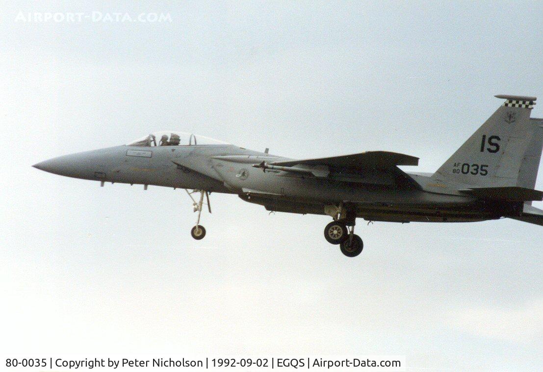 80-0035, 1980 McDonnell Douglas F-15C Eagle C/N 0688/C184, F-15C Eagle, callsign Eagle 11 Flight, of 57th Fighter Squadron at Keflavik on final approach to Lossiemouth in September 1992.
