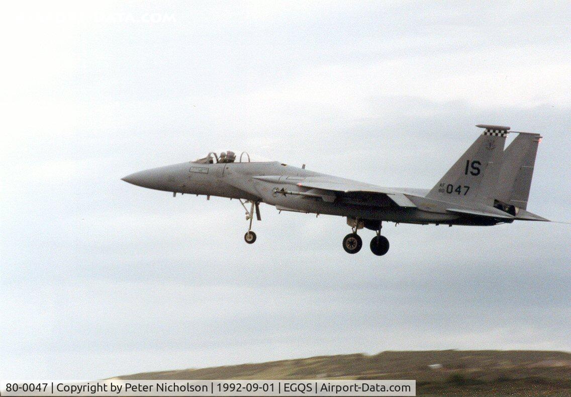 80-0047, 1980 McDonnell Douglas F-15C Eagle C/N 0719/C196, F-15C Eagle, callsign Eagle 1, of 57th Fighter Squadron at Keflavik on final approach to Lossiemouth in September 1992.