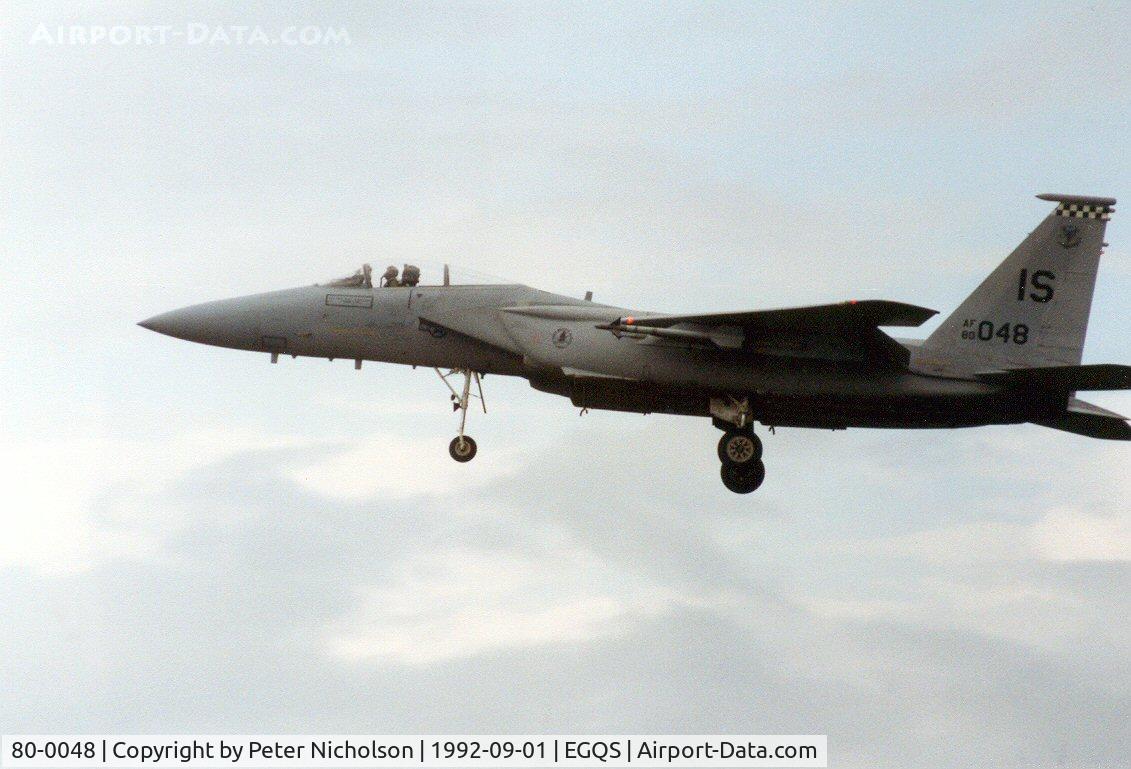 80-0048, 1980 McDonnell Douglas F-15C Eagle C/N 0721/C197, F-15C Eagle, callsign Eagle 2, of 57th Fighter Squadron on approach to Lossiemouth in September 1992.