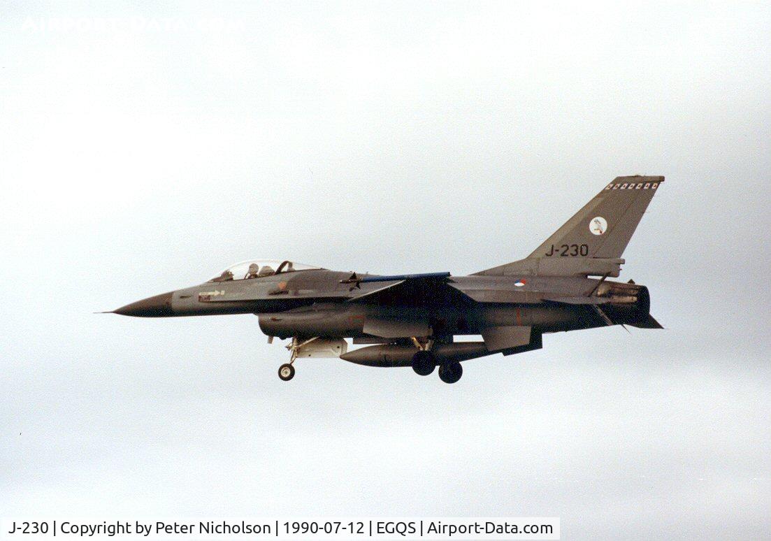 J-230, 1978 Fokker F-16A Fighting Falcon C/N 6D-19, F-16A Falcon of 322 Squadron Royal Netherlands Air Force on final approach to Lossiemouth in the Summer of 1990.