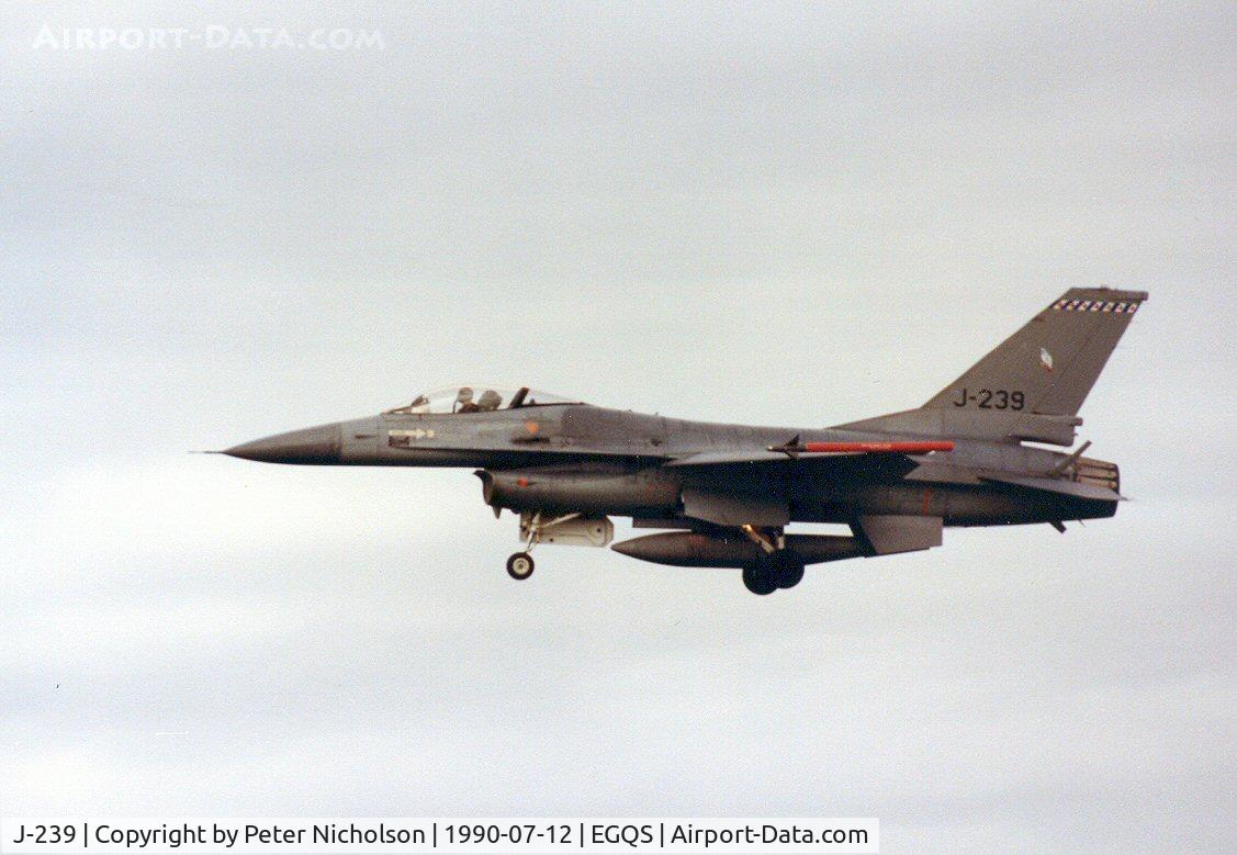 J-239, 1978 Fokker F-16A Fighting Falcon C/N 6D-28, F-16A Falcon of 322 Squadron Royal Netherlands Air Force on final approach to Lossiemouth in the Summer of 1990.
