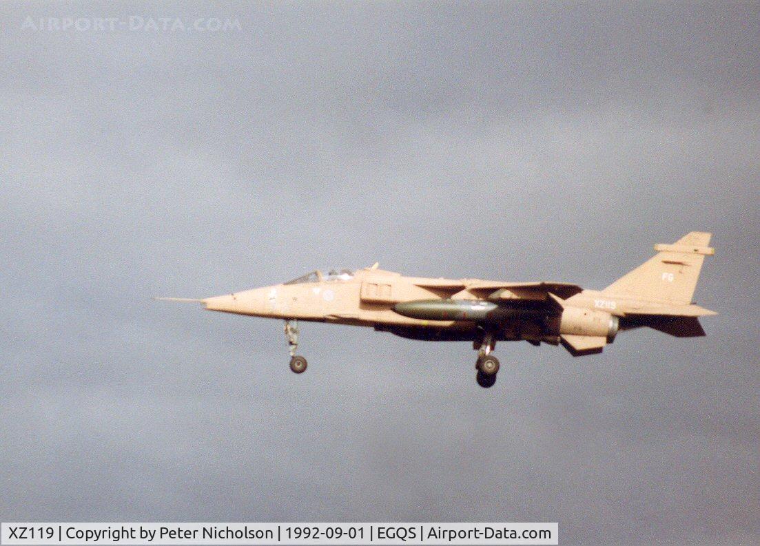XZ119, 1976 Sepecat Jaguar GR.1A C/N S.120, Jaguar GR.1A of 41 Squadron on finals to Lossiemouth in September 1992.