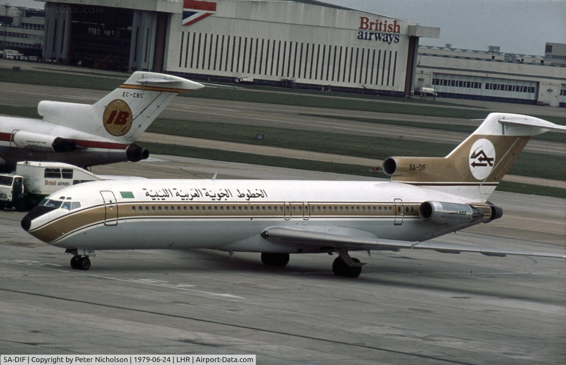 5A-DIF, 1977 Boeing 727-2L5 C/N 21332, Boeing 727-2L5 of Libyan Arab Airlines at Heathrow in the Summer of 1979.