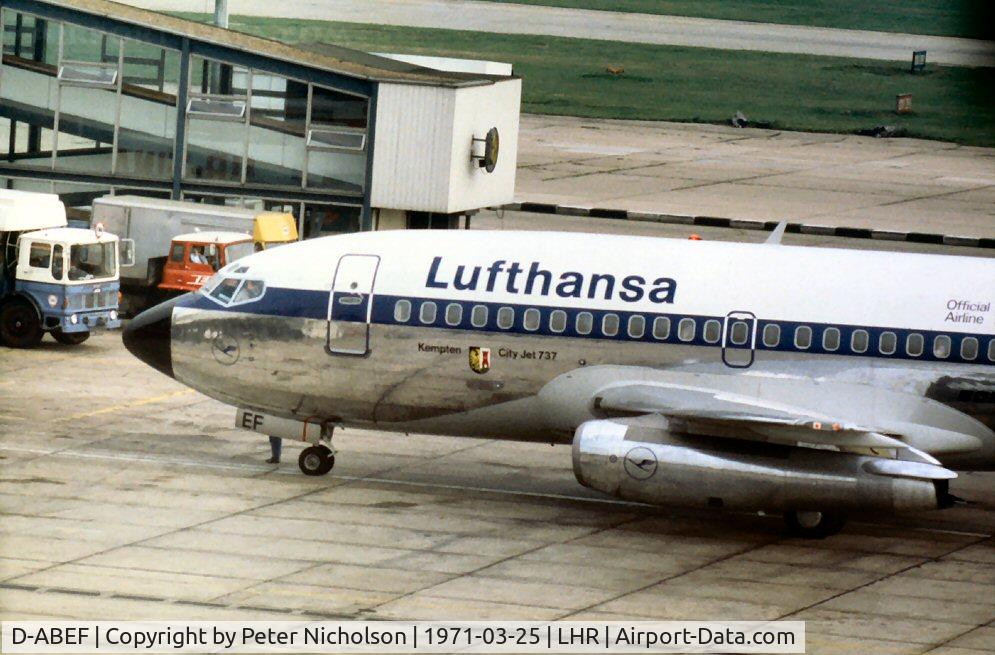 D-ABEF, 1968 Boeing 737-130 C/N 19017, Boeing 737-130 of Lufthansa at Heathrow's terminal in March 1971.