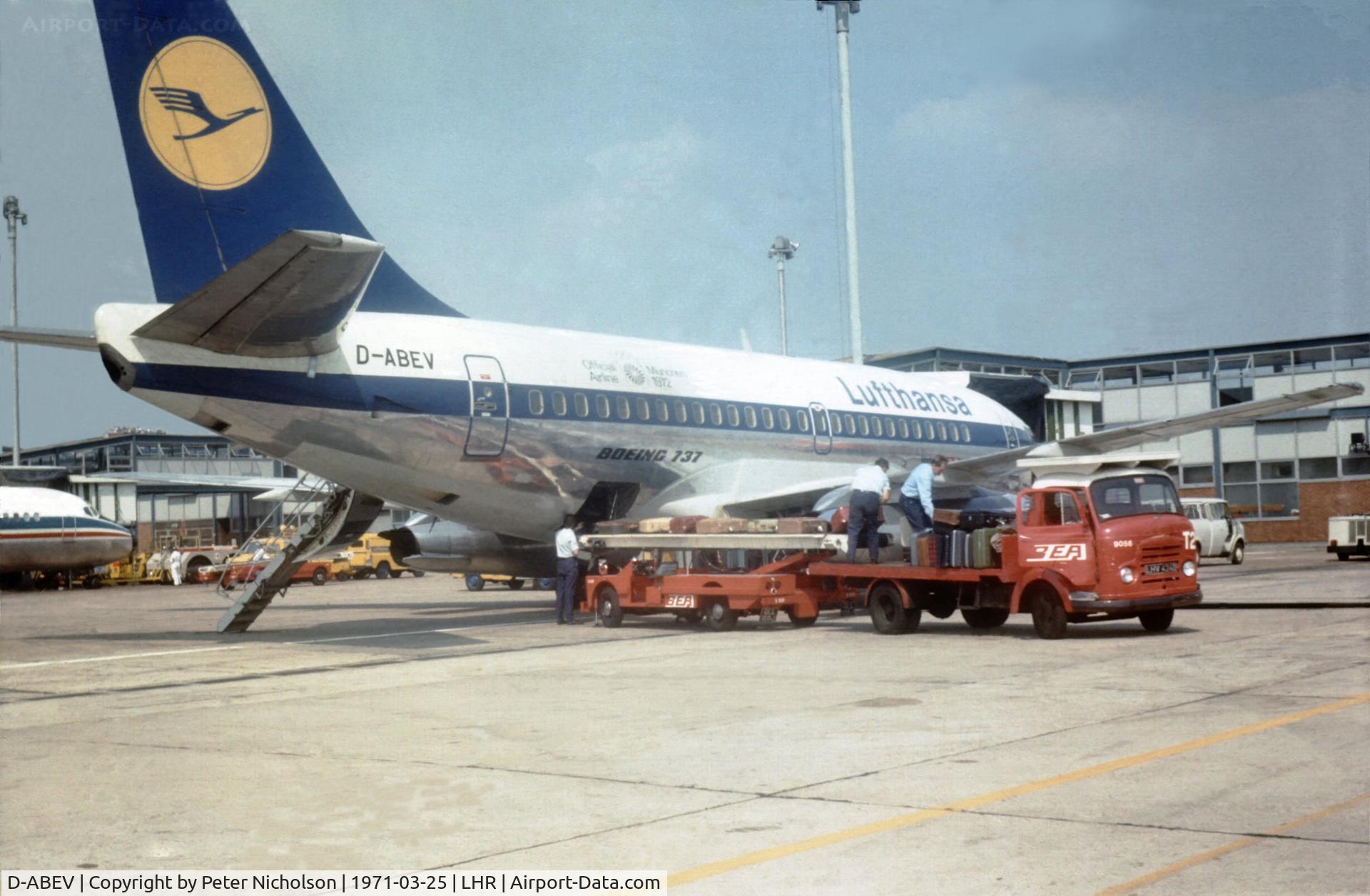 D-ABEV, 1969 Boeing 737-130 C/N 19032, Boeing 737-130 of Lufthansa seen at Heathrow in March 1971.