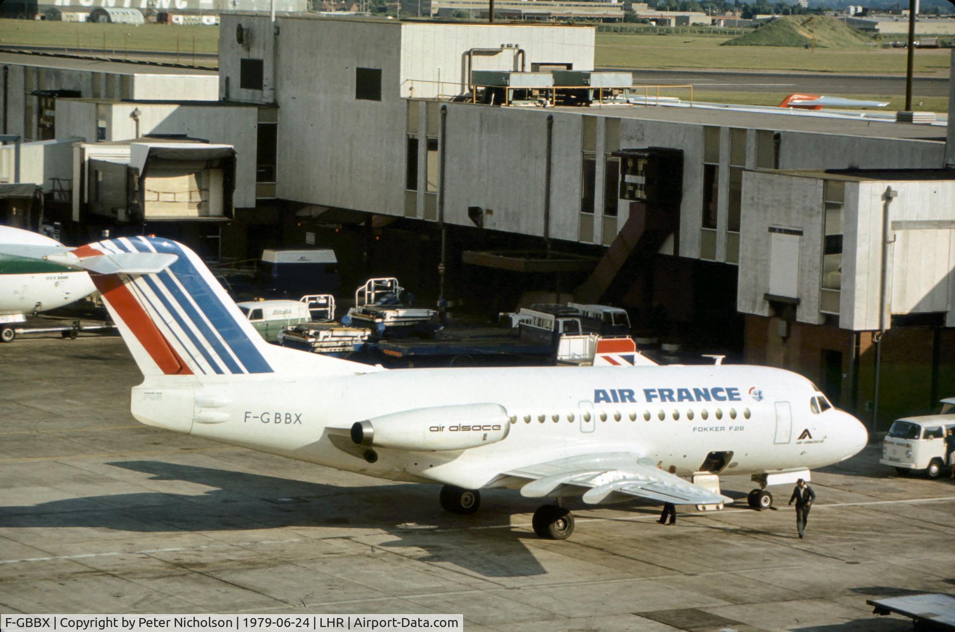 F-GBBX, 1971 Fokker F.28-1000 Fellowship C/N 11027, F.28 Fellowship of Air Alsace leased to Air France seen at Heathrow in the Summer of 1979.