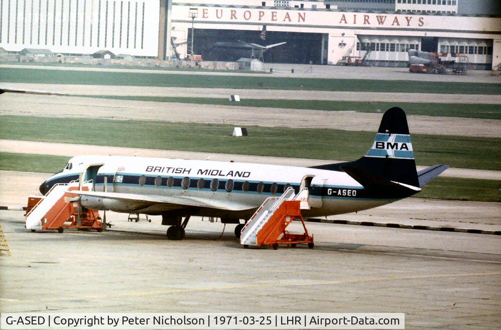 G-ASED, 1959 Vickers Viscount 831 C/N 419, Viscount 831 of British Midland Airways at Heathrow in March 1971.