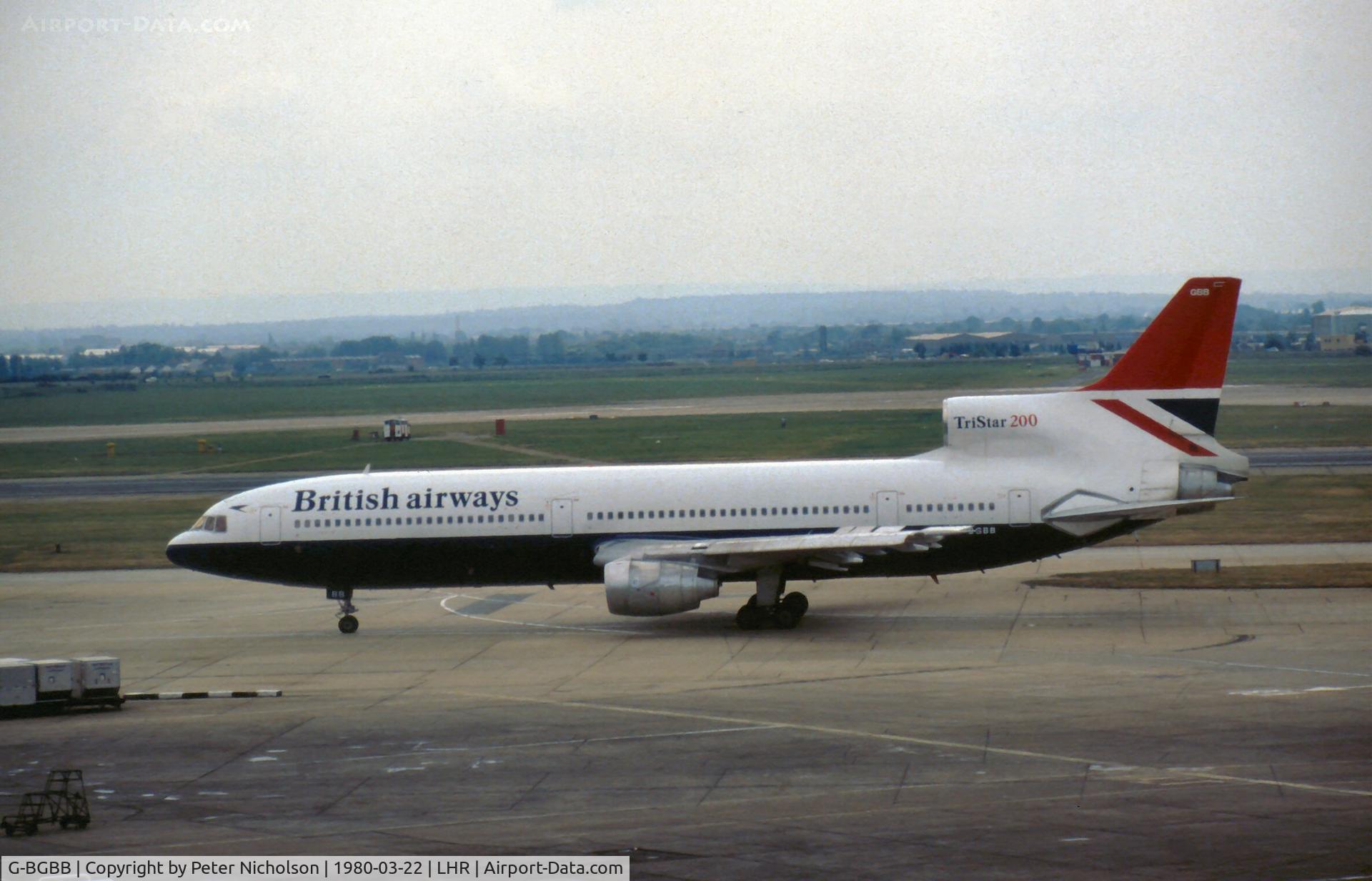 G-BGBB, 1980 Lockheed L-1011-385-1-15 TriStar 100 C/N 193N-1178, TriStar 200 of British Airways taxying to the active runway at Heathrow in March 1980.