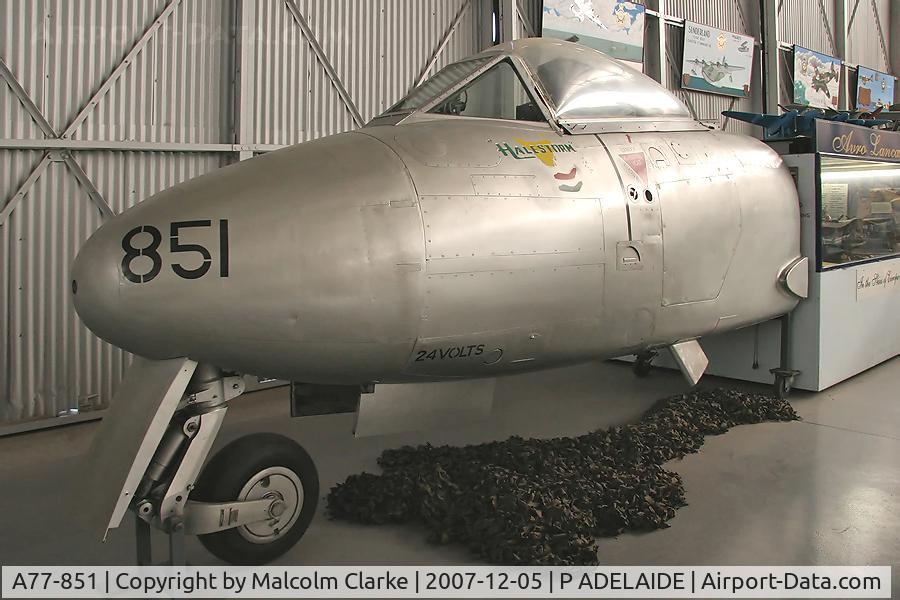 A77-851, Gloster Meteor U21A C/N Not found A77-851, Gloster Meteor U21A. 'Halestorm'. Flown by Sgt George Hale, RAAF 77 Sqn who, on 27-03-1953, made the only Mig kill by a Meteor in Korea. At the South Australian Air Museum in 2007.