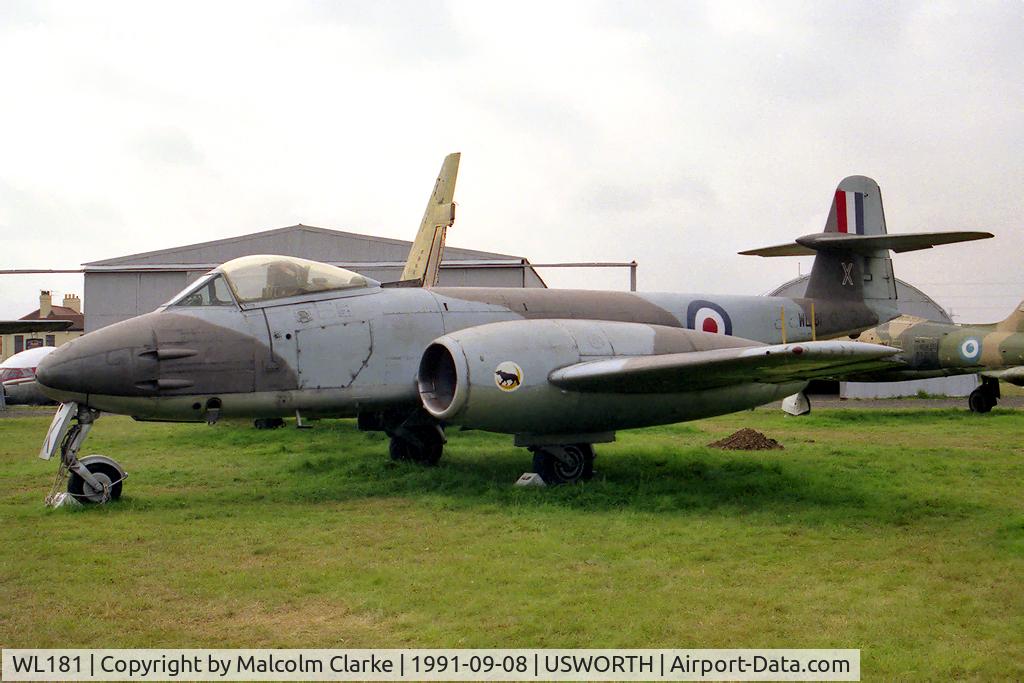 WL181, Gloster Meteor F.8 C/N Not found WL181, Gloster Meteor F8 at The North East Aircraft Museum, Usworth, UK in 1991.