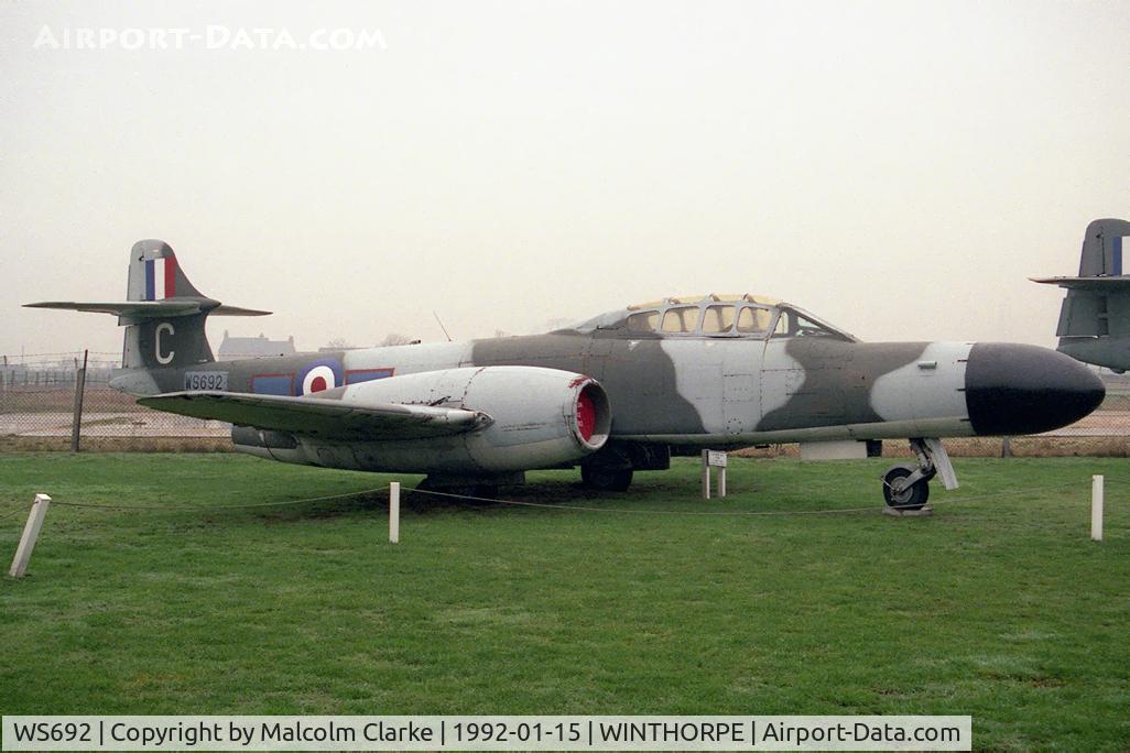 WS692, Gloster Meteor NF.12 C/N Not found WS692, Gloster Meteor NF12. At Newark Air Museum, Winthorpe, UK in 1992.