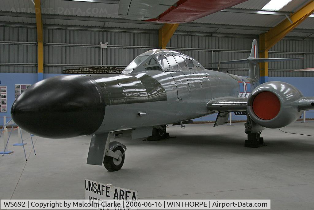 WS692, Gloster Meteor NF.12 C/N Not found WS692, Gloster Meteor NF12. After renovation at Newark Air Museum, Winthorpe, UK in 2006.