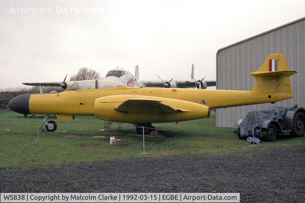 WS838, 1954 Gloster Meteor NF.14 C/N Not found WS838, Gloster Meteor NF14. First flew April 9 1954, and after serving in several RAF Sqns, was transferred to A&AEE, Boscombe Down for photo coverage of Folland/Martin Baker ejection seat trials and air-to-air photo duties. Seen painted in high visibilty yellow
