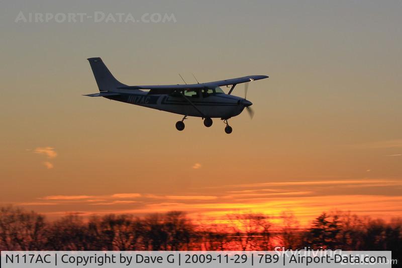 N117AC, 1968 Cessna 182L Skylane C/N 18258609, Short final to Ellington, CT at sunset