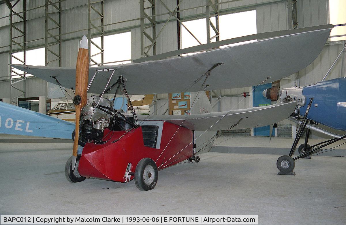 BAPC012, 1936 Mignet HM.14 Pou-du-Ciel C/N BAPC.012, Mignet HA.14 Le Pou du Ciel. 'Flying Flea' replica at the Museum of Flight, East Fortune, UK in 1993.