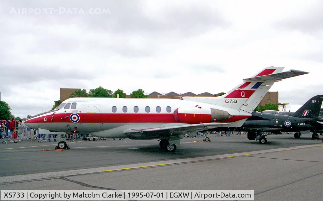XS733, 1966 Hawker Siddeley HS.125 Dominie T.1 C/N 25059, Hawker Siddeley HS-125-2 Dominie T1. From RAF No 6 FTS, Finningley and seen at RAF Waddington's Air Show in 1995.