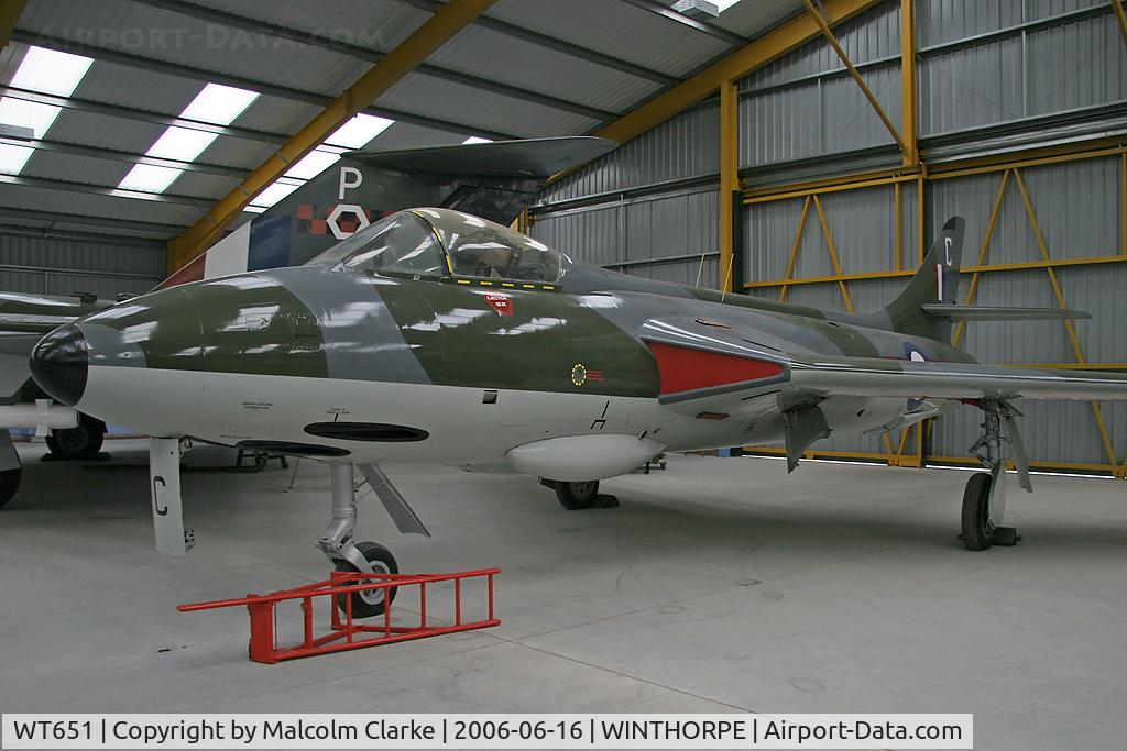 WT651, 1954 Hawker Hunter F.1 C/N 41H-665486, Hawker Hunter F1. At Newark Air Museum, Winthorpe. Returned to the markings of its first operational unit, 222 Squadron, which WT651 joined on 21 October 1954 at RAF Leuchars.