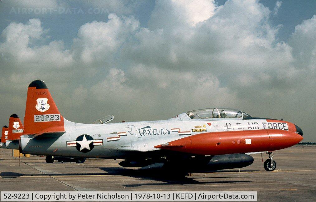 52-9223, 1953 Lockheed T-33A Shooting Star C/N 580-7289, T-33A Shooting Star of 111th Fighter Interceptor Squadron/147th Fighter Interceptor Group Texas ANG seen at Ellington AFB in October 1978.