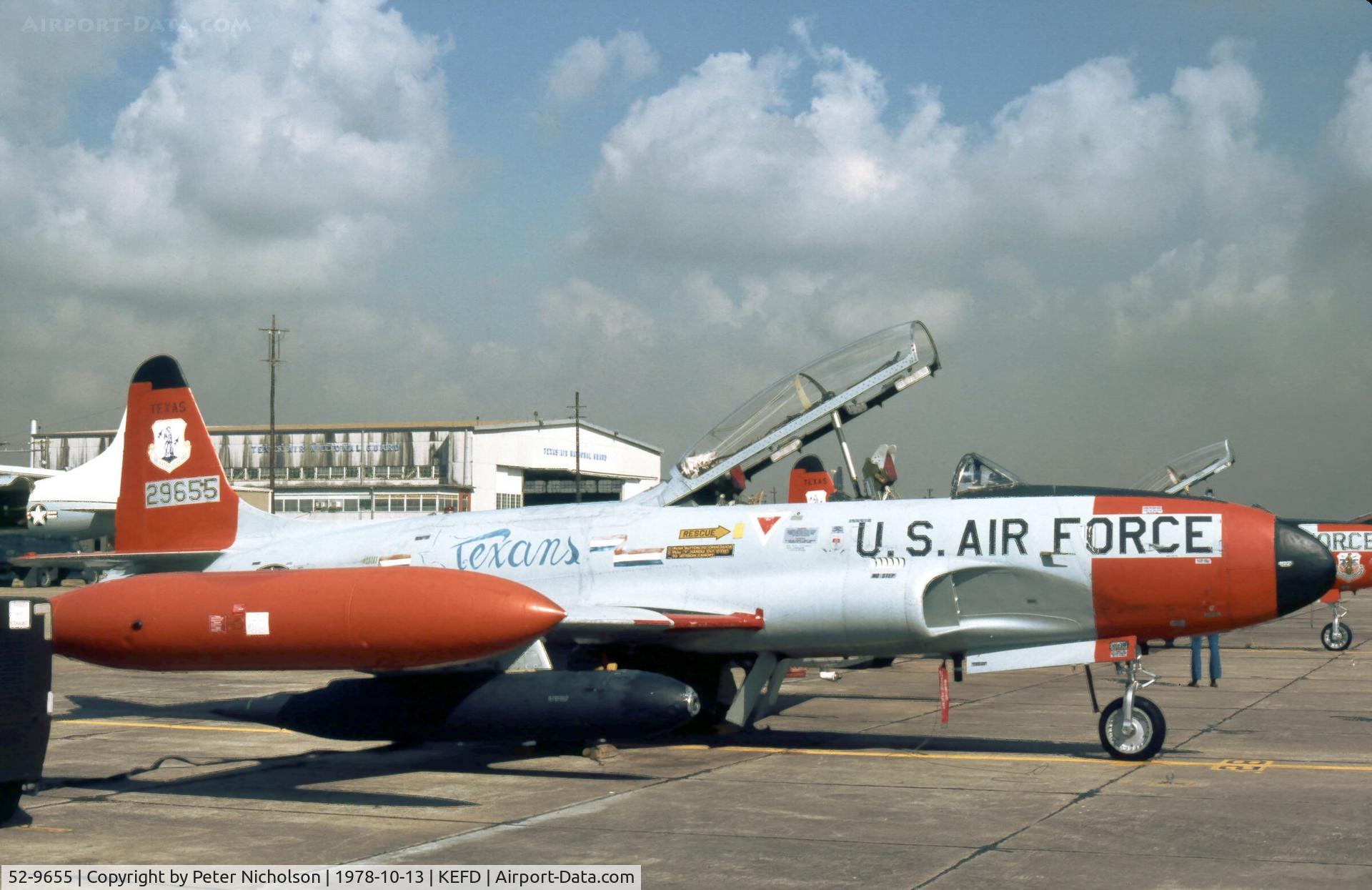 52-9655, 1952 Lockheed T-33A Shooting Star C/N 580-7840, T-33A Shooting Star of 111th Fighter Interceptor Squadron/147th Fighter Interceptor Group Texas ANG seen at Ellington AFB in October 1978.