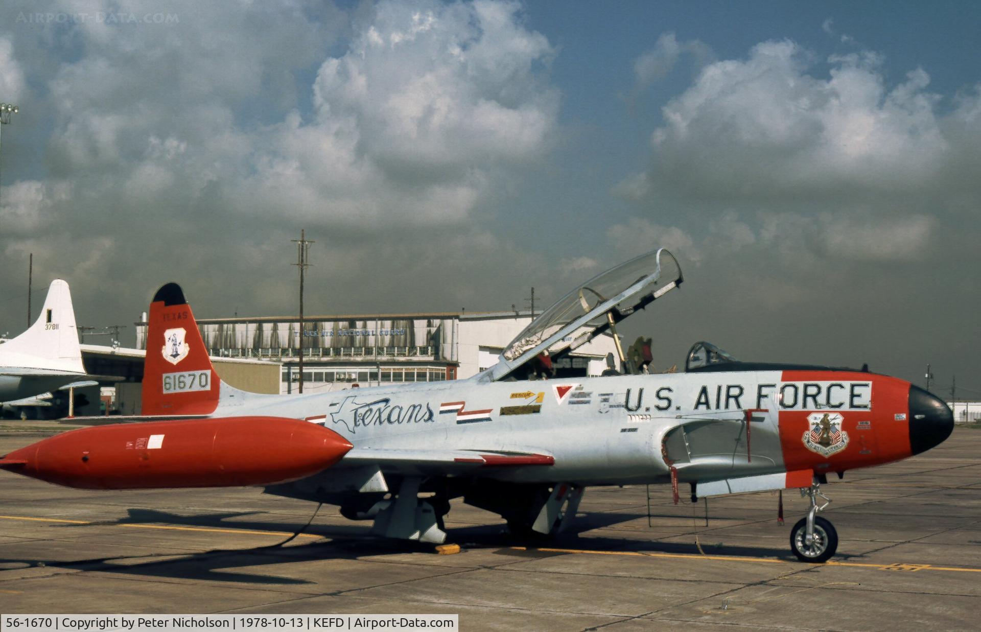 56-1670, 1956 Lockheed T-33A Shooting Star C/N 580-1020, T-33A Shooting Star of 111th Fighter Interceptor Squadron/147th Fighter Interceptor Group seen at Ellington AFB in October 1978.