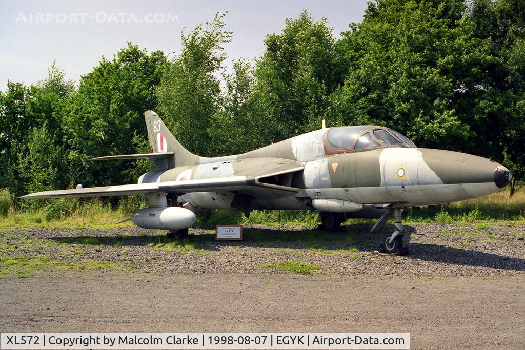 XL572, Hawker Hunter T.7 C/N HABL-003311, Hawker Hunter T7 at the Yorkshire Air Museum, Elvington in 1998. From No 2 SoTT, Cosford, and formerly flown as G-HNTR. 