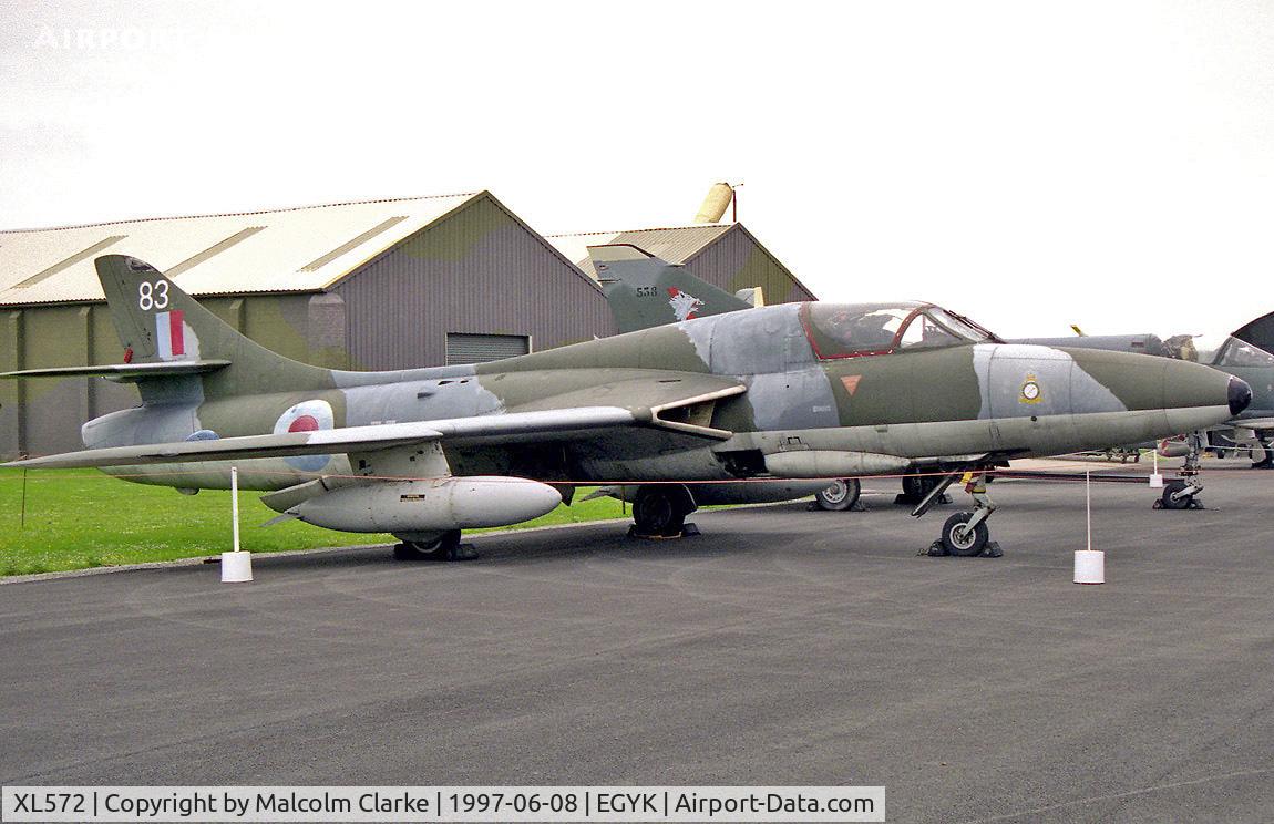 XL572, Hawker Hunter T.7 C/N HABL-003311, Hawker Hunter T7 at the Yorkshire Air Museum, Elvington in 1997. From No 2 SoTT, Cosford, and formerly flown as G-HNTR. 