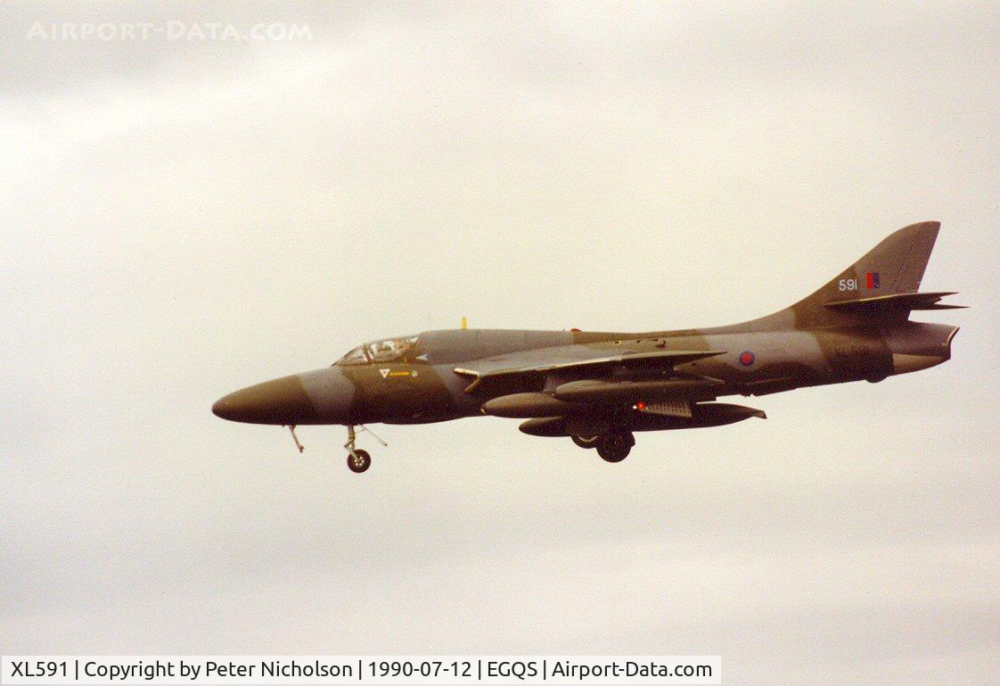 XL591, 1958 Hawker Hunter T.7 C/N 41H-693685, Hunter T.7 of 208 Squadron on finals to Lossiemouth in the Summer of 1990.