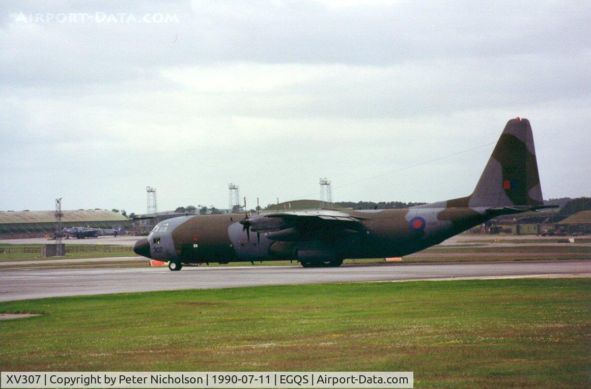 XV307, 1966 Lockheed C-130K Hercules C.3 C/N 382-4275, Hercules C.3 of the Lyneham Transport Wing preparing to join the active runway at Lossiemouth in the Summer of 1990.