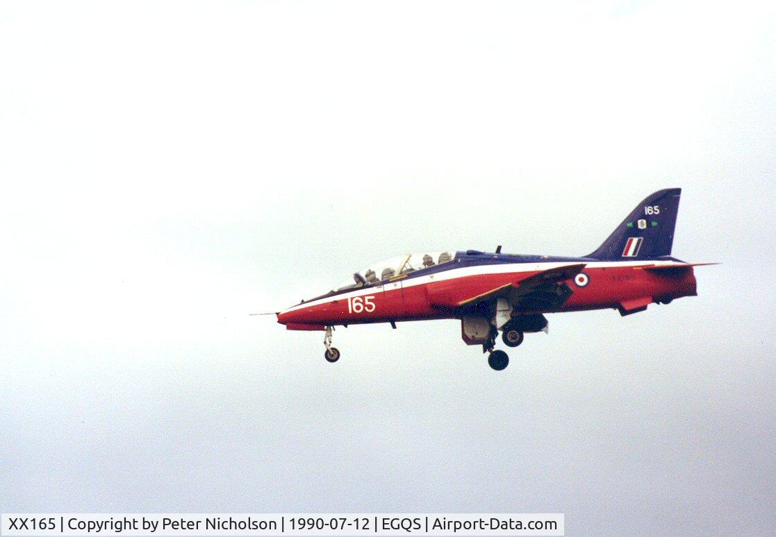 XX165, 1976 Hawker Siddeley Hawk T.1 C/N 012/312012, Hawk T.1 of the Central Flying School at RAF Cranwell on finals to Lossiemouth in the Summer of 1990.