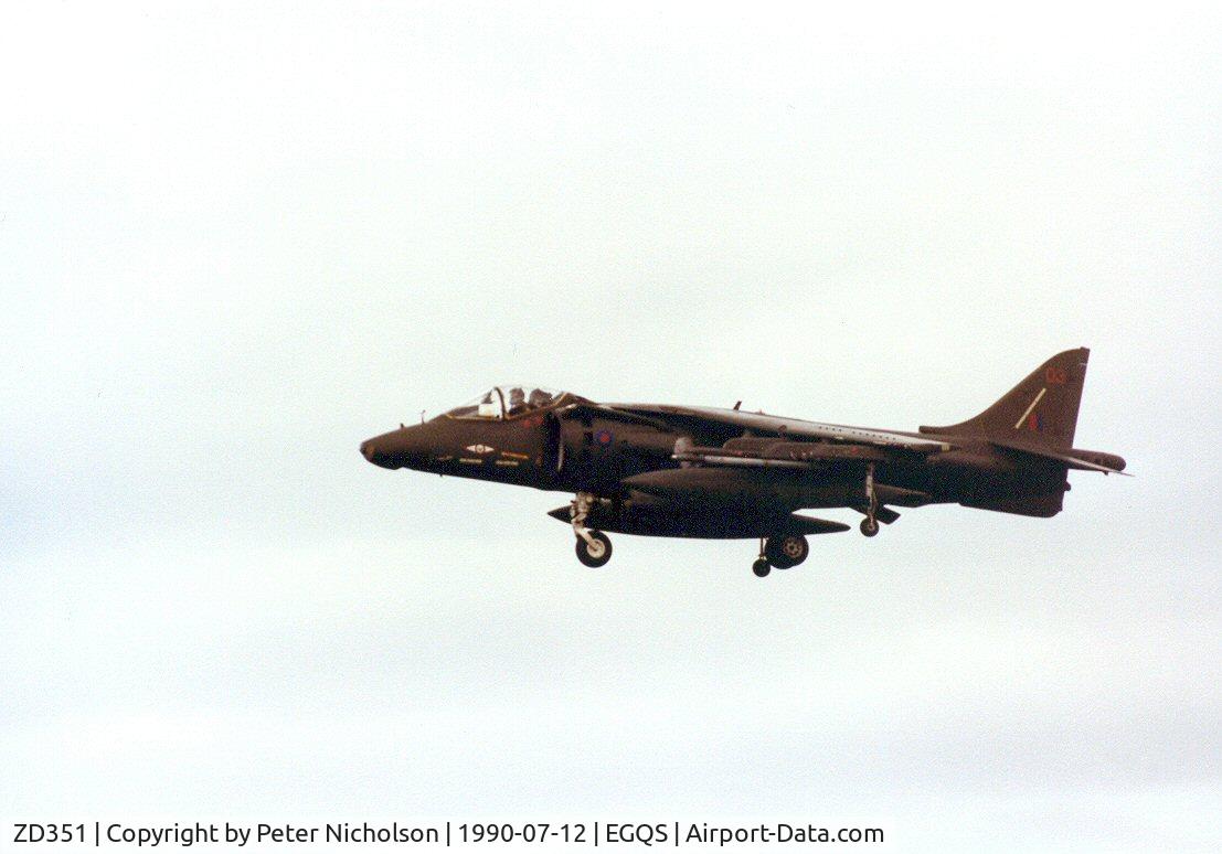 ZD351, 1988 British Aerospace Harrier GR.5 C/N P18, Harrier GR.5 of 1 Squadron at RAF Wittering ariving at Lossiemouth in the Summer of 1990.