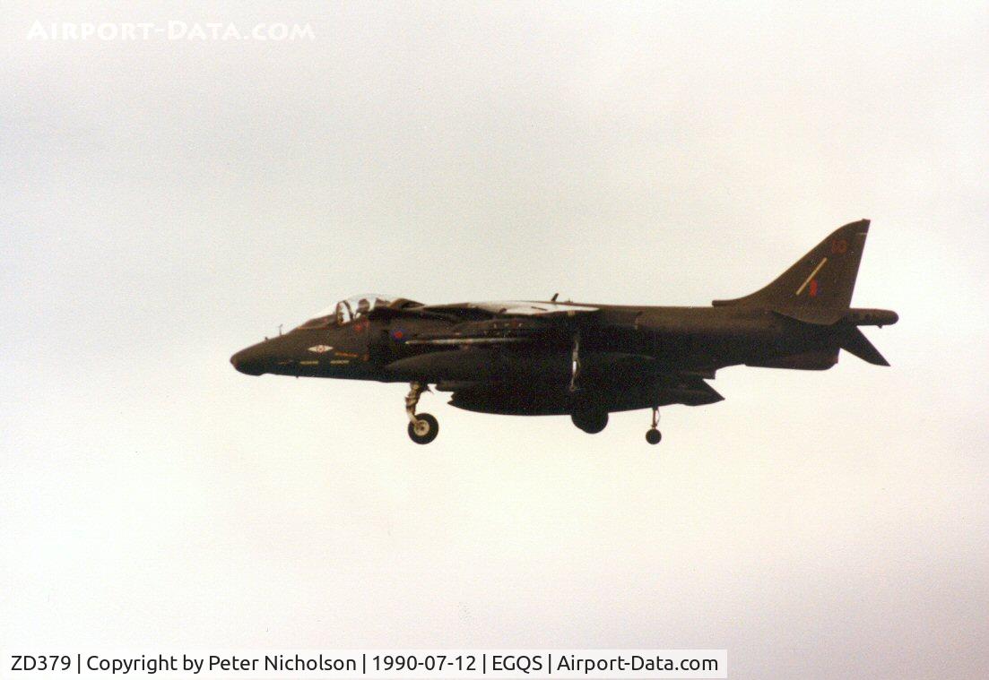 ZD379, 1988 British Aerospace Harrier GR.5 C/N P27, Harrier GR.5 of 1 Squadron arriving at Lossiemouth from RAF Wittering in the Summer of 1990.