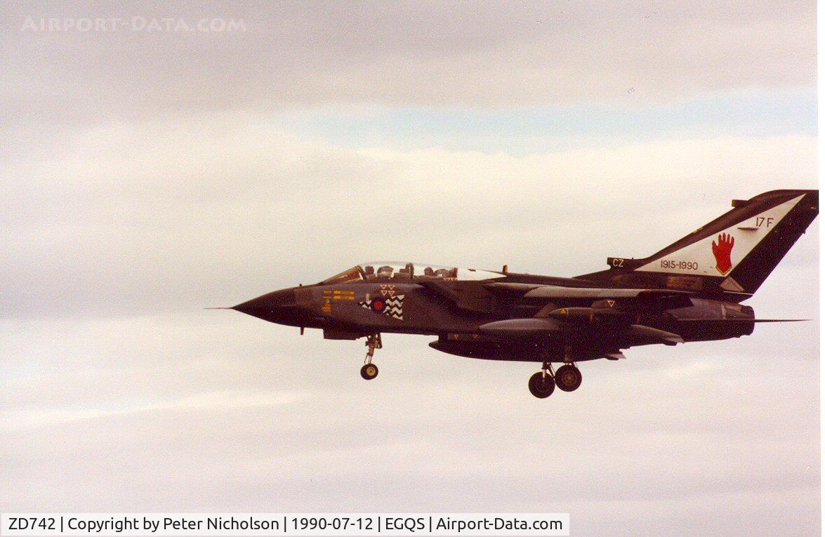 ZD742, 1984 Panavia Tornado GR.1 C/N 364/BT041/3168, Tornado GR.1 of 17 Squadron displaying 75th anniversary tail markings arriving at Lossiemouth in the Summer of 1990.