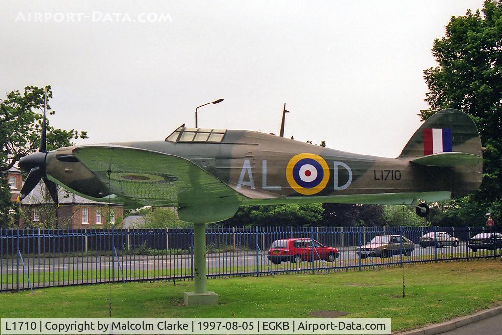 L1710, Hawker Hurricane Replica C/N BAPC219, Hawker Hurricane (replica).  full-scale replica Hawker Hurricane. Gate-guard outside the RAF Memorial Chapel at the former RAF Biggin Hill.