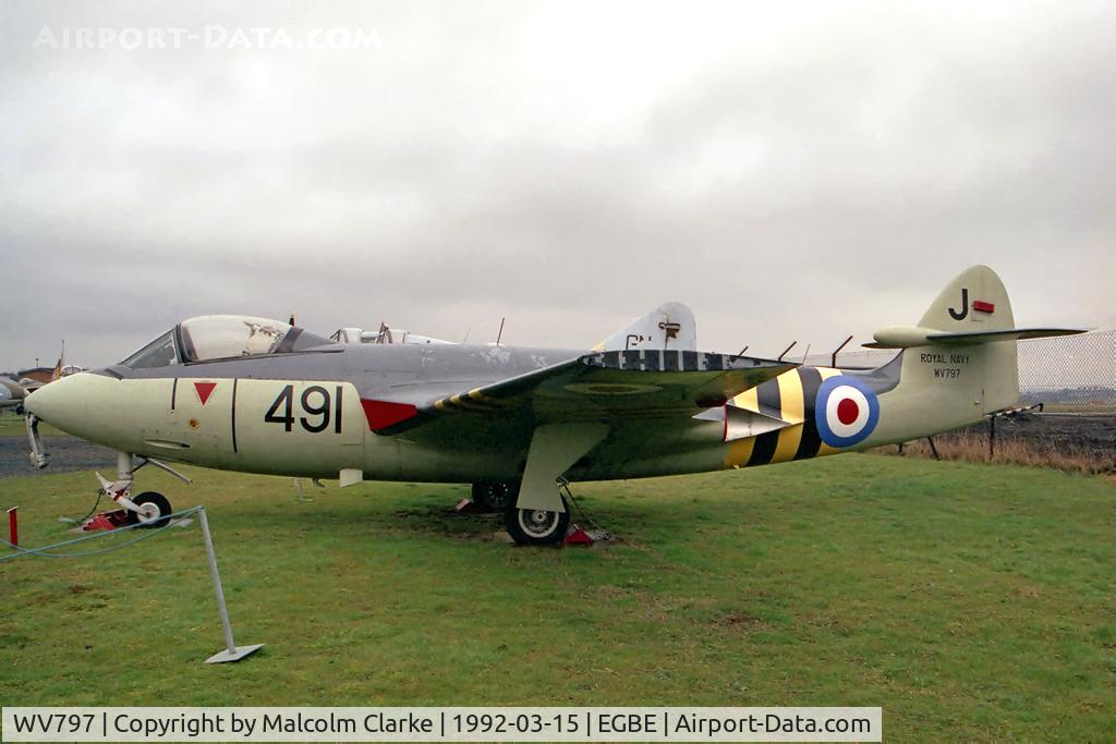 WV797, Hawker Sea Hawk FGA.6 C/N 6058, Hawker Sea Hawk FGA6 at the Midland Air Museum, Coventry, displayed in Suez colours - the yellow and black stripes were to aid recognition of friendly forces.
