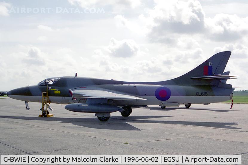G-BWIE, 1959 Hawker Hunter T.7A C/N 41H-695448, Hawker Hunter T7A. At Duxford's Classic Jet & Fighter Display in 1996.