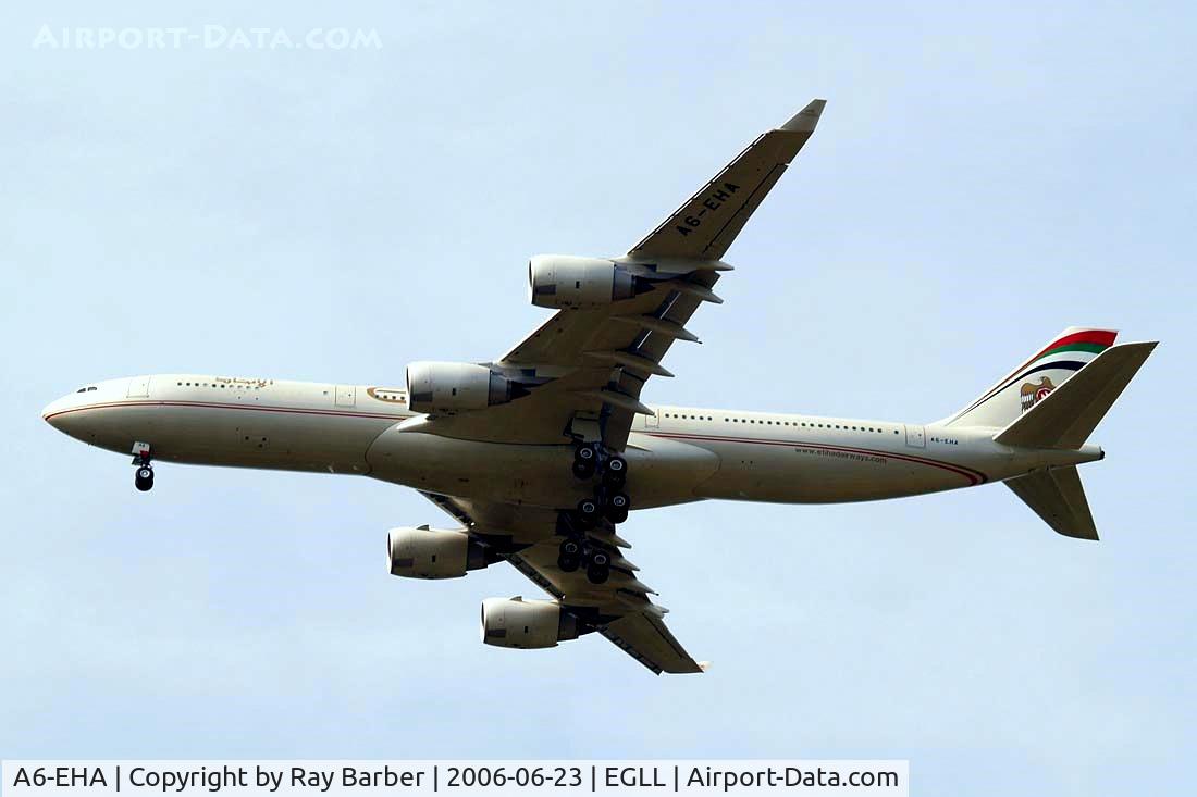 A6-EHA, 2006 Airbus A340-541 C/N 748, Airbus A340-541 [748] (Etihad Airways) Home~G  23/06/2006. Seen on approach 27R.