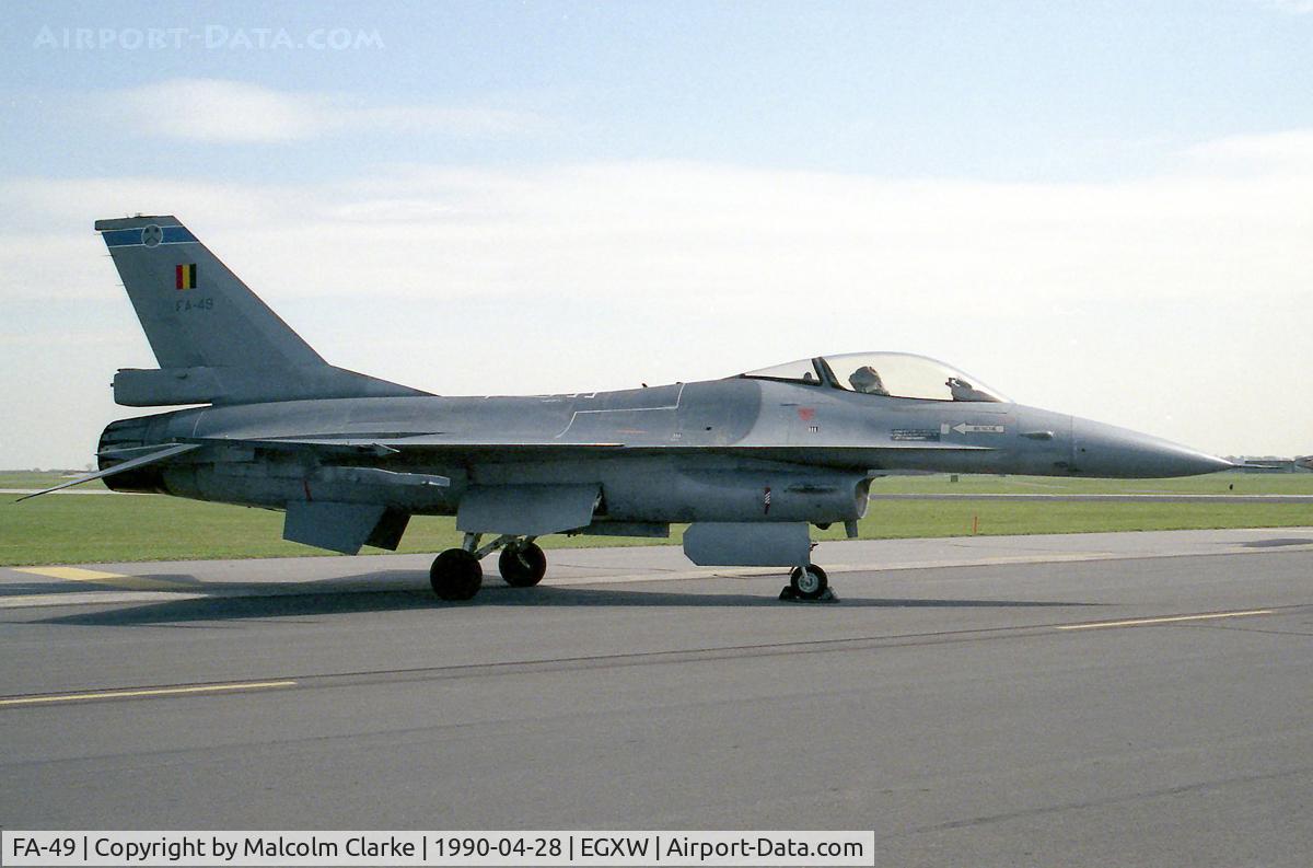 FA-49, SABCA F-16A Fighting Falcon C/N 6H-49, General Dynamics F-16A Fighting Falcon. From 349 Sm Smaldeel, Bevekom (1 Wg) and seen at RAF Waddington Photocall 1990.