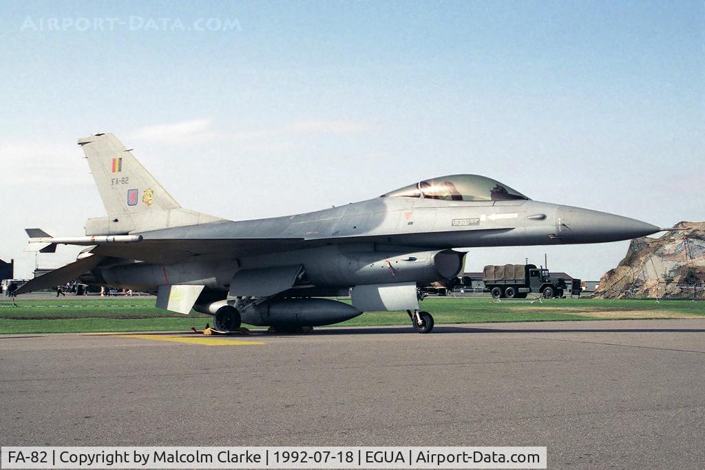 FA-82, SABCA F-16AM Fighting Falcon C/N 6H-82, SABCA F-16A Fighting Falcon. From 31 Smaldeel, Kleine Brogel (10 Wg) at the USAF Open Day, RAF Upper Heyford in 1992.