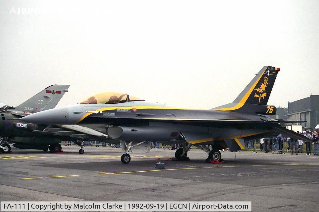 FA-111, 1987 SABCA F-16AM Fighting Falcon C/N 6H-111, SABCA F-16A Fighting Falcon. Special colour scheme to celebrate the 75th anniversary of the formation of the Belgium AF. From 1 Smaldeel, Florennes at RAF Finningley Air Show in 1992.