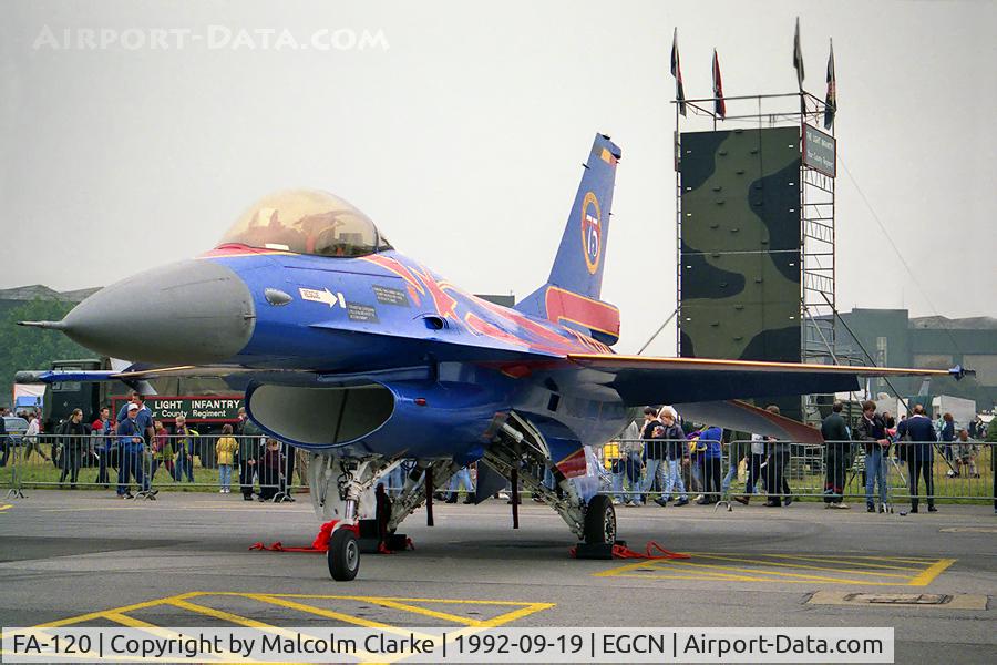 FA-120, SABCA F-16AM Fighting Falcon C/N 6H-120, SABCA F-16A Fighting Falcon.  Special colour scheme to celebrate the 75th anniversary of thr formation of the Belgium AF. From 2 Smaldeel, Florennes at RAF Finningley Air Show in 1992.