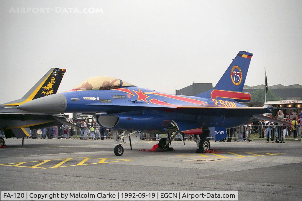 FA-120, SABCA F-16AM Fighting Falcon C/N 6H-120, SABCA F-16A Fighting Falcon. Special colour scheme to celebrate the 75th anniversary of thr formation of the Belgium AF. From 2 Smaldeel, Florennes at RAF Finningley Air Show in 1992.