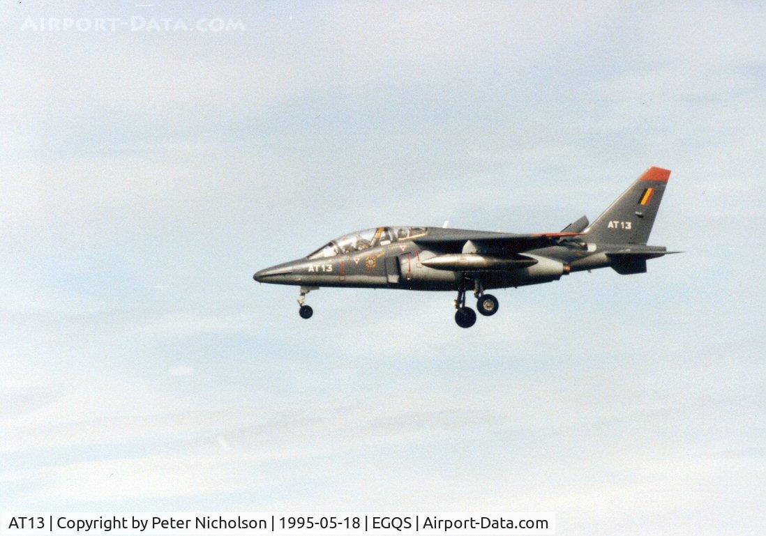 AT13, Dassault-Dornier Alpha Jet 1B C/N B13/1039, Alpha Jet, callsign Belgian Air Force 518, of 9 Wing Belgian Air Force on approach to Lossiemouth in May 1995.