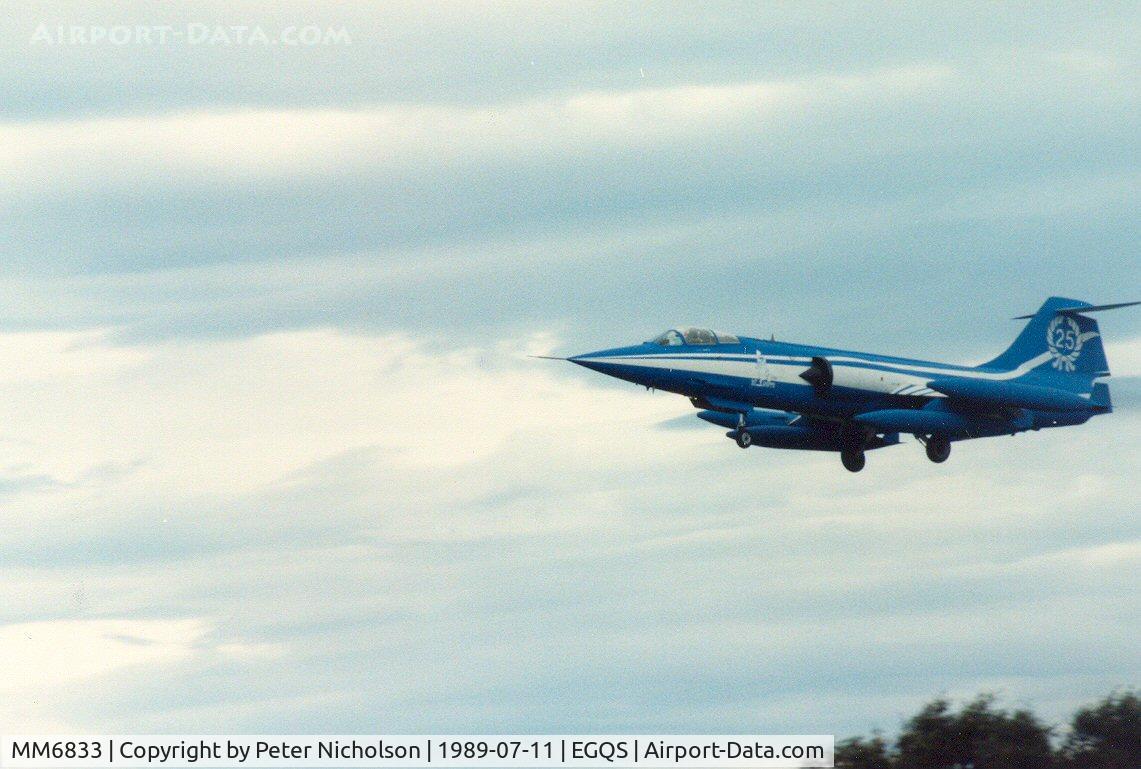 MM6833, Aeritalia F-104S-ASA Starfighter C/N 1133, F-104S Starfighter of 5 Stormo, in 25th anniversary markings, on final approach to Lossiemouth in the Summer of 1989.