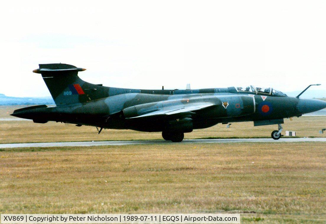 XV869, 1969 Hawker Siddeley Buccaneer S.2B C/N B3-01-68, Buccaneer S.2B of 12 Squadron awaiting clearance to join the active runway at Lossiemouth in the Summer of 1989.