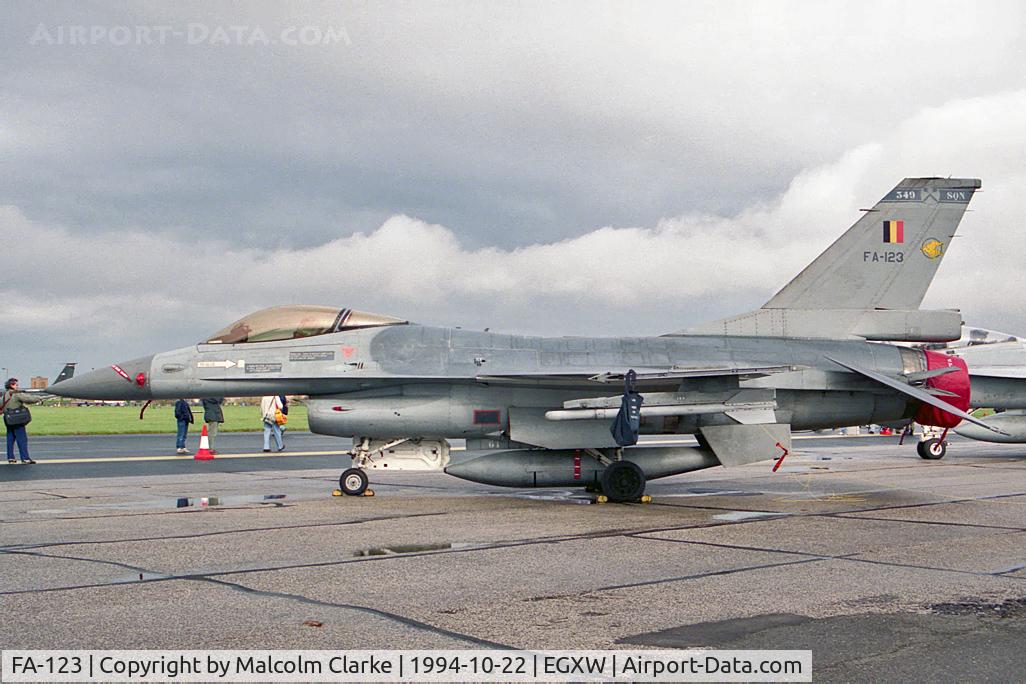 FA-123, SABCA F-16AM Fighting Falcon C/N 6H-123, General Dynamics F-16A Fighting Falcon .From 349 Smaldeel, Bevekom (1Wg) and seen at RAF Waddington's Photocall 94.