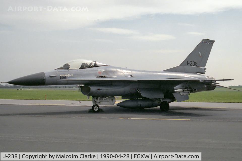 J-238, 1978 Fokker F-16A Fighting Falcon C/N 6D-27, General Dynamics F-16A Fighting Falcon. From 349 Smaldeel, Bevekom (1Wg) and seen at RAF Waddington's Photocall 94.