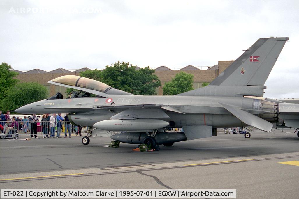 ET-022, 1987 General Dynamics F-16BM Fighting Falcon C/N 6G-16, General Dynamics F-16B Fighting Falcon. From Esk 726, Aalborg and seen at RAF Waddington's Air Show in 1995.
