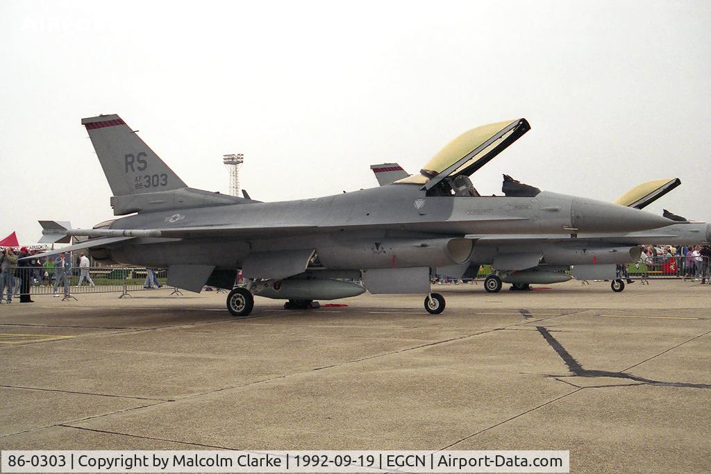 86-0303, General Dynamics F-16C Fighting Falcon C/N 5C-409, General Dynamics F-16C Fighting Falcon (401). From 86FW / 526FS, Ramstein AB, Germany. At RAF Finningley's Air Show 92.